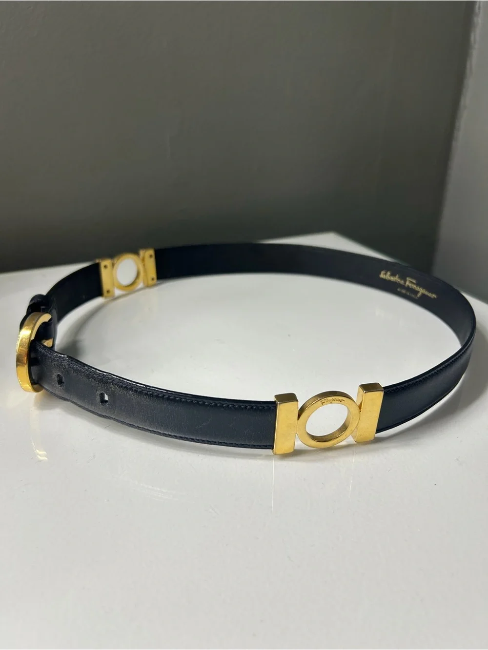 Salvatore Ferragamo Navy Blue Gancini Belt w Gold Buckle 30.5”L